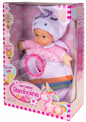 Moja Pierwsza Lalka Bambolina bobas Jednorożec 36 cm, śpiworek