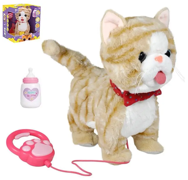 Kotek pluszowy interaktywny na smyczy, dźwięki, chodzi, funkcja nagrywania