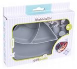 GiliGums Wieloryb Talerzyk silikon + sztućce szary