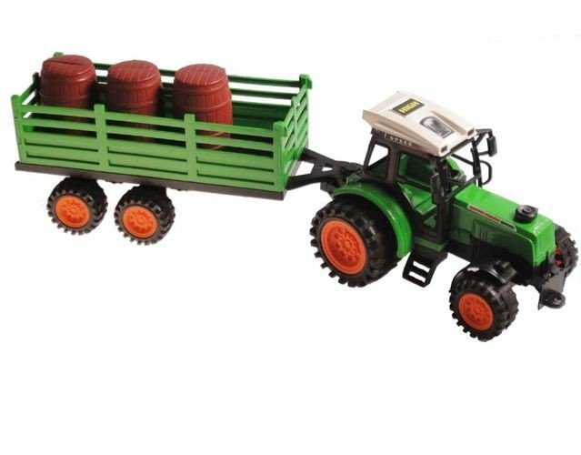 Traktor ciągnik z przyczepą i beczkami 54cm 